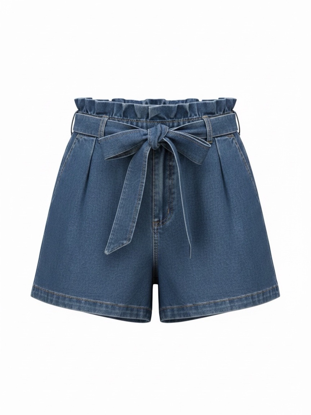 Pink Lily Blue Paperbag Denim Shorts with Tie Belt